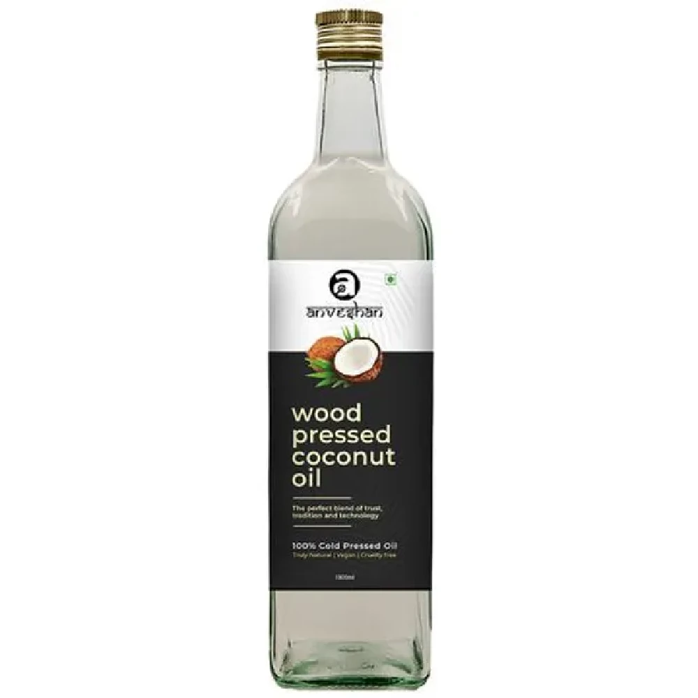 Anveshan Wood Cold Pressed Coconut Oil - For Hair, Skin, Cooking, 1 L Glass Bottle-1.webp